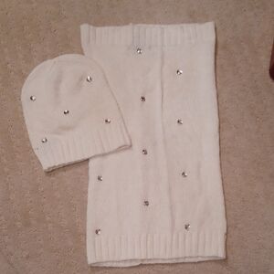 Victoria Secret White Knit Beanie and Scarf/ Neck Warmer Set with Rhinestones